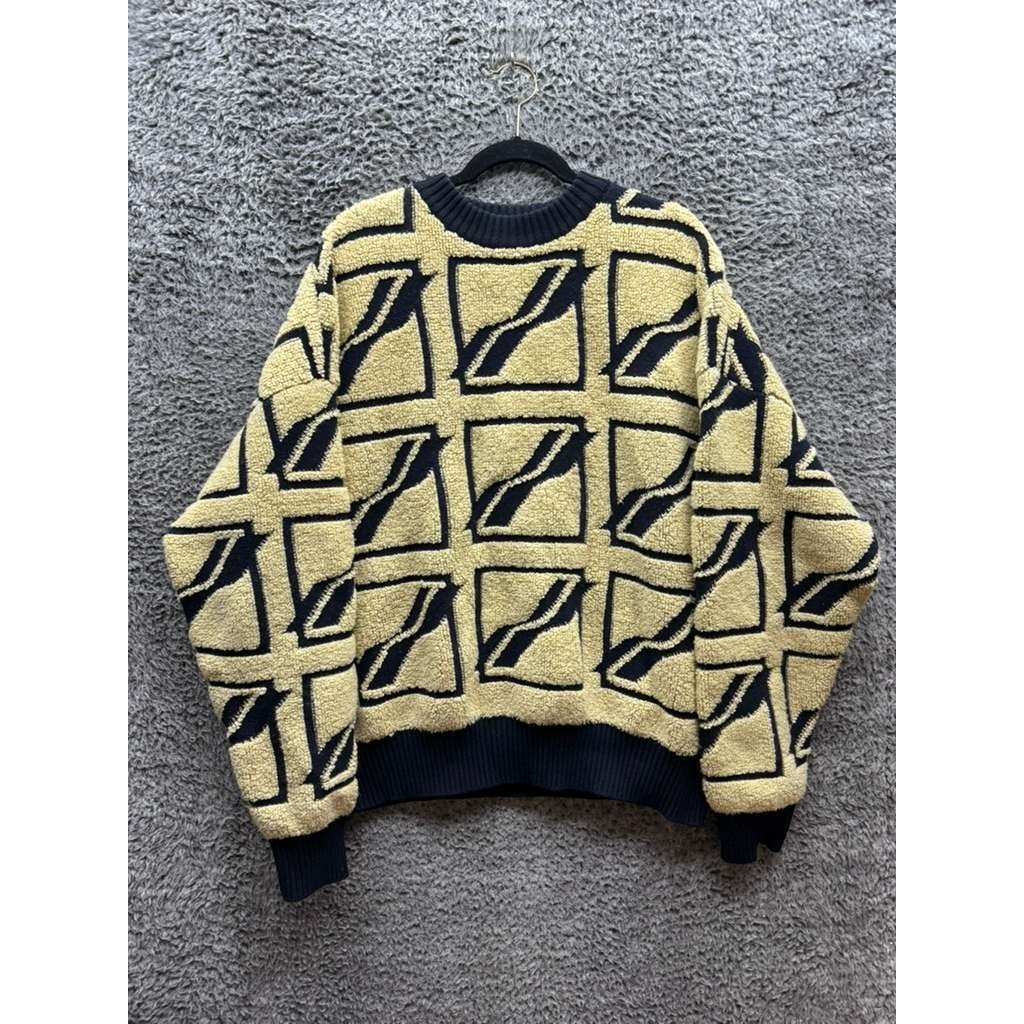 We11done Wool Blend Square Logo All Over Pile Knit Sweater Beige Mens Size L